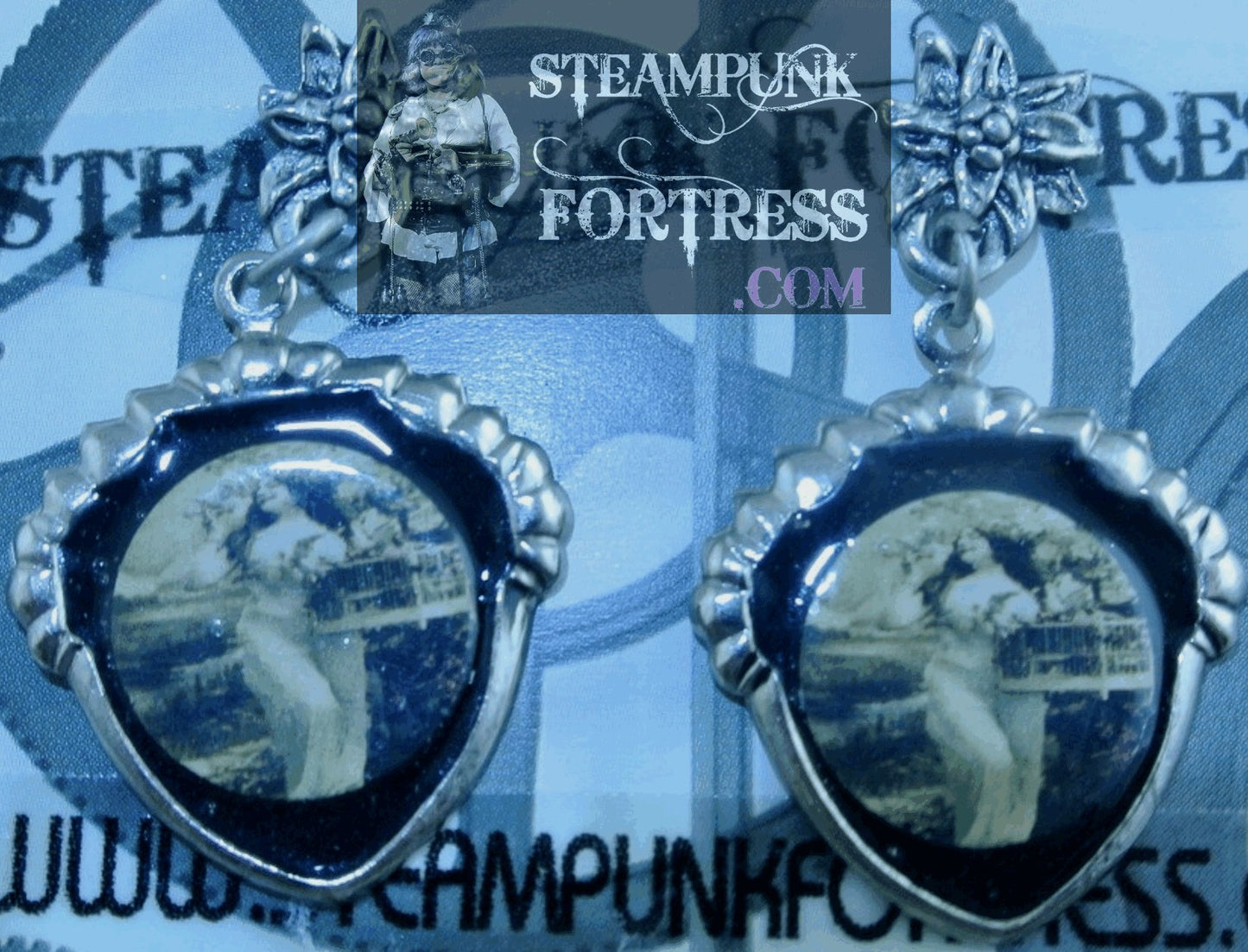 SILVER SHIELD VINTAGE LADIES BIRDCAGE LADY FLOWER STUDS PIERCED EARRINGS STARR WILDE STEAMPUNK FORTRESS