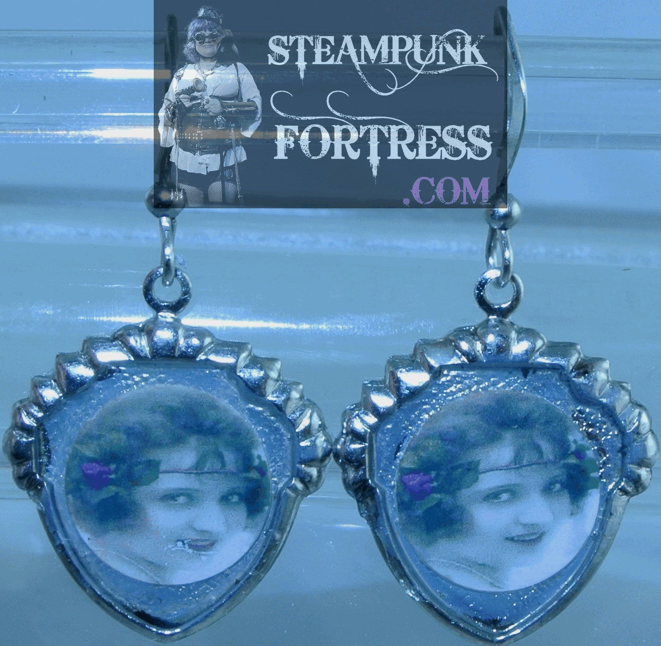 SILVER SHIELD VINTAGE LADIES FLAPPER GIRL PINK GREEN FLOWERS HEADBAND PIERCED EARRINGS STARR WILDE STEAMPUNK FORTRESS