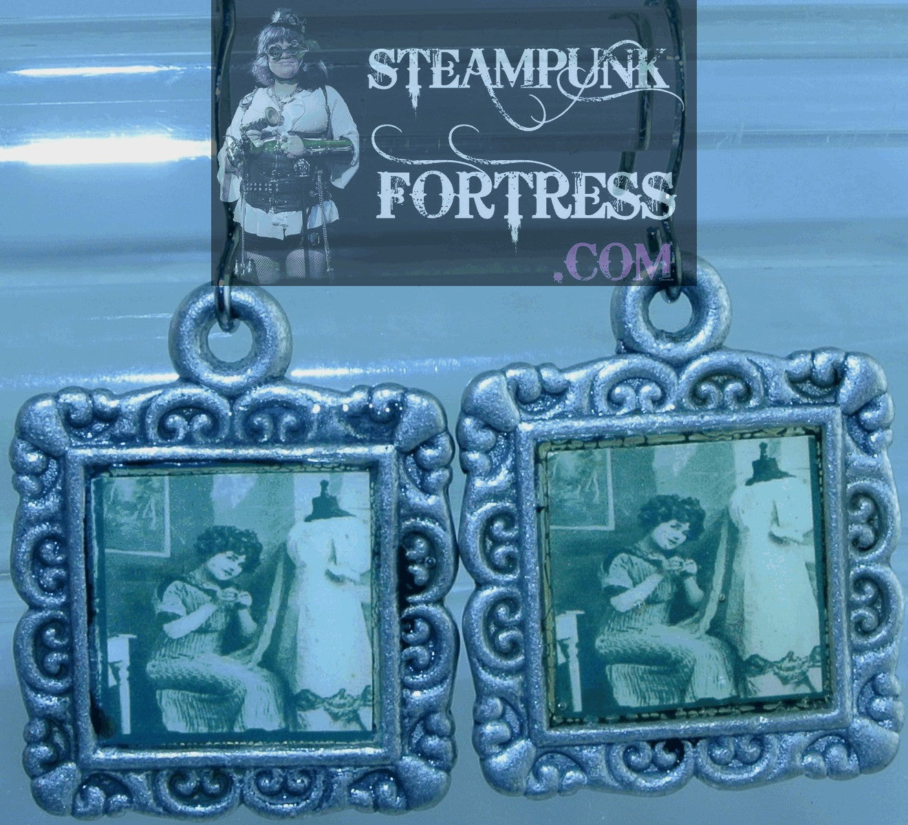 SILVER SQUARE VINTAGE LADIES SEAMSTRESS SEWING LADY PINK DRESS PIERCED EARRINGS STARR WIDE STEAMPUNK FORTRESS