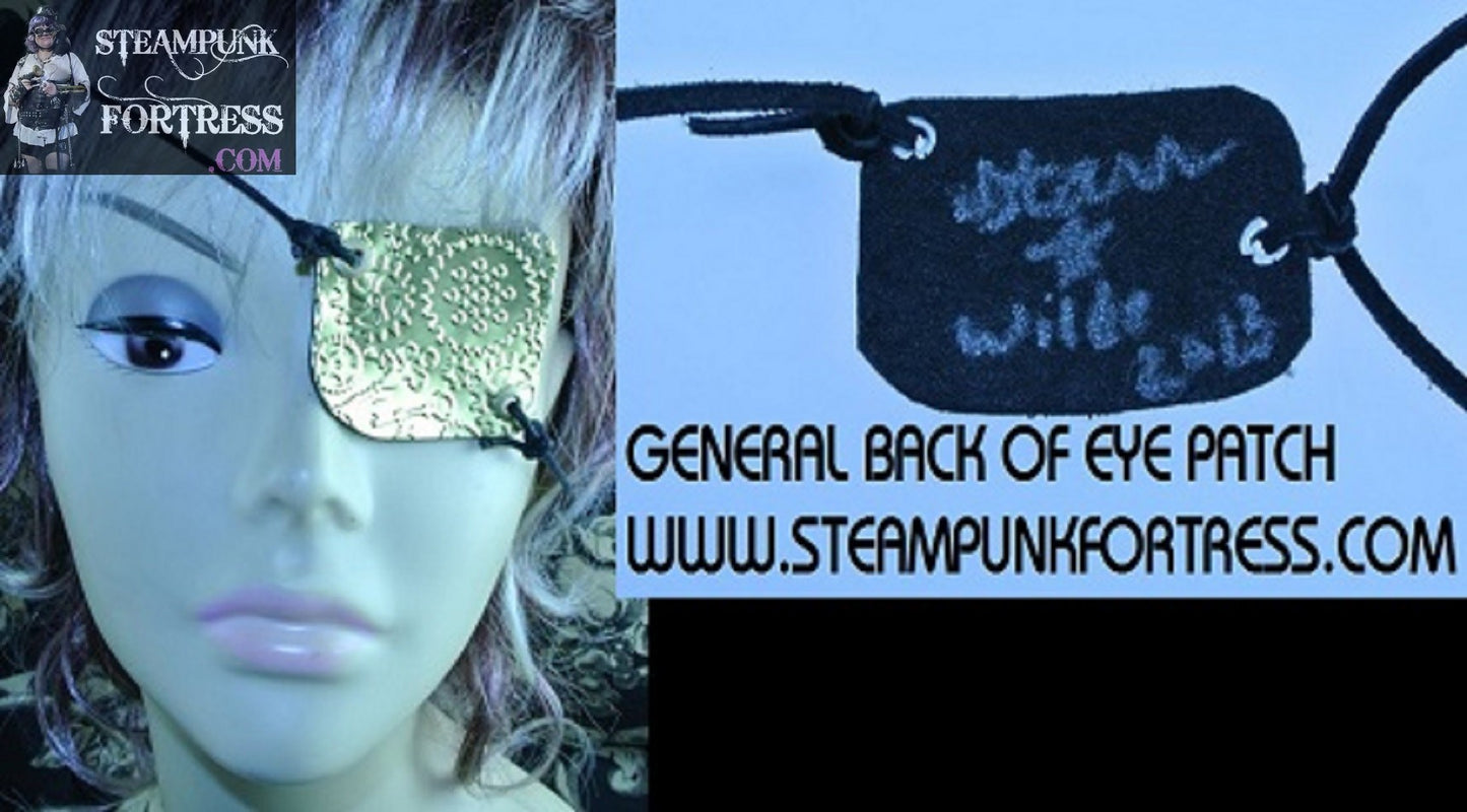 EYE PATCH METAL STAMPED BRASS WATCH CLOCK GEARS KEYS LEFT EYE SIDE TIE BLACK SUEDE EYE PATCH MONOCLE PIRATE COSPLAY COSTUME HALLOWEEN STARR WILDE STEAMPUNK FORTRESS