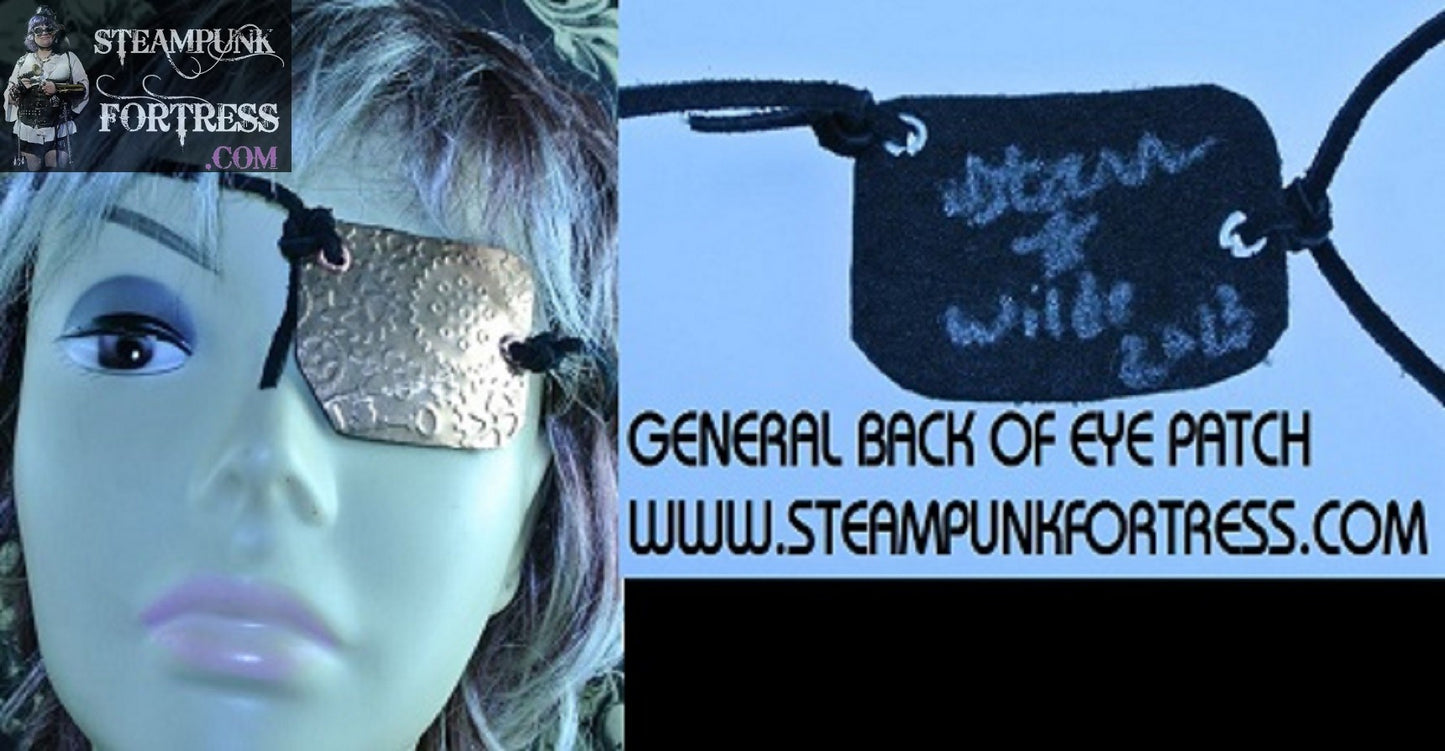 EYE PATCH METAL STAMPED COPPER WATCH CLOCK GEARS LEFT EYE SIDE BLACK SUEDE TIE EYE PATCH MONOCLE PIRATE COSPLAY COSTUME HALLOWEEN STARR WILDE STEAMPUNK FORTRESS