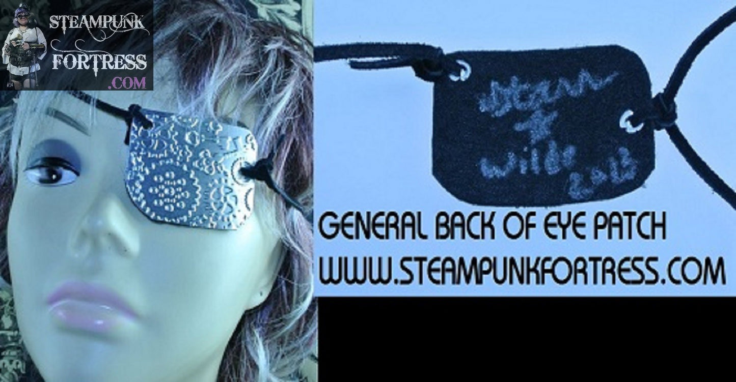 EYE PATCH METAL STAMPED SILVER WATCH CLOCK GEARS KEYS LEFT EYE SIDE BLACK SUEDE CORD GLUE EYE PATCH MONOCLE PIRATE COSPLAY COSTUME HALLOWEEN STARR WILDE STEAMPUNK FORTRESS