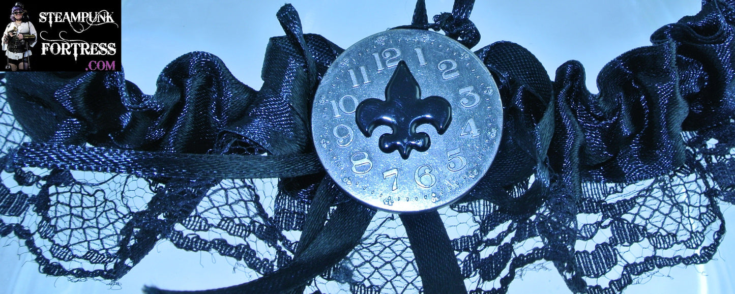 BLACK SILVER TH CLOCK FACE BLACK FLEUR DE LIS CENTER LACE GARTER STARR WILDE STEAMPUNK FORTRESS
