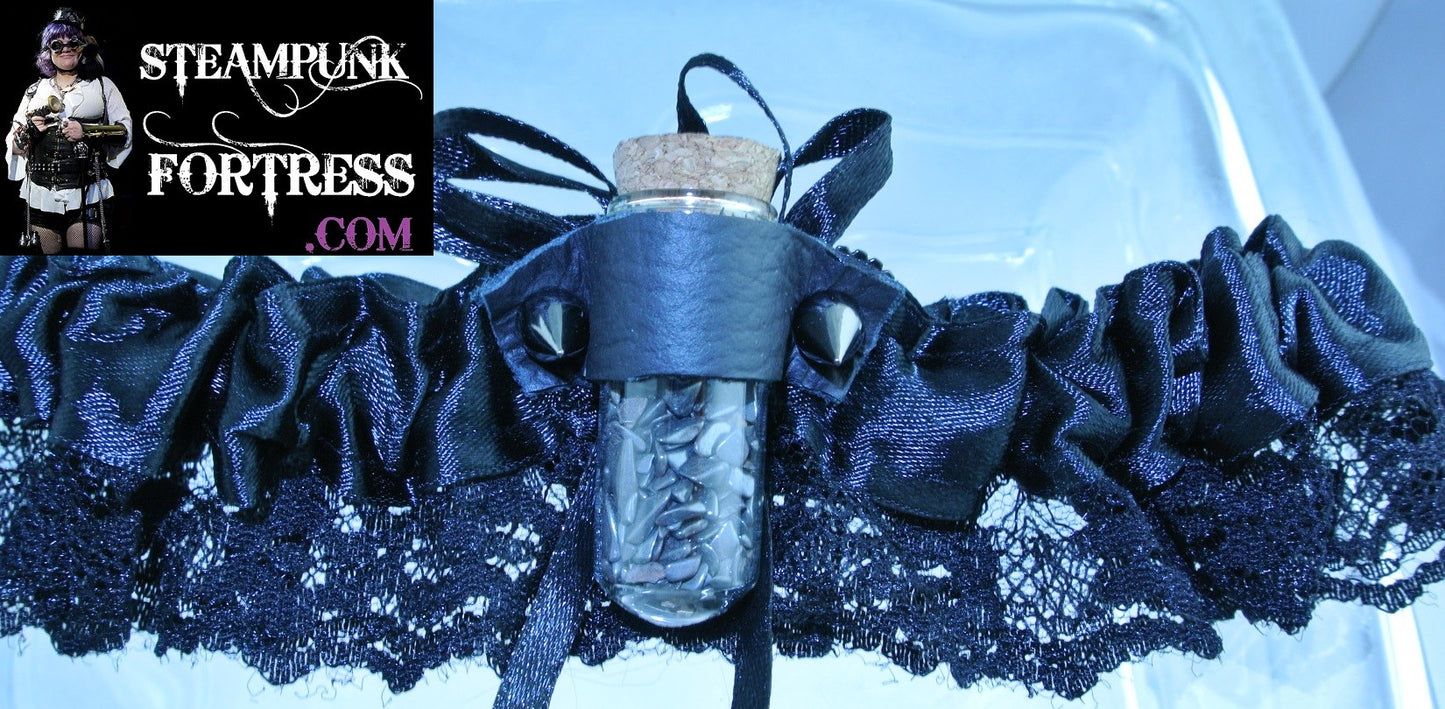 BLACK VIAL GLASS BULLET HEMATITE GEMSTONE CHIPS SHOT GARTER STARR WILDE STEAMPUNK FORTRESS