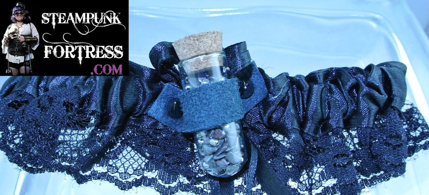 BLACK VIAL GLASS BULLET HEMATITE GEMSTONES STEEL SHOT GARTER STARR WILDE STEAMPUNK FORTRESS