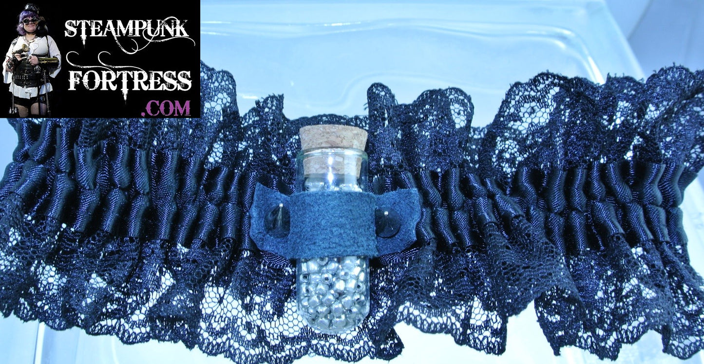 BLACK XL PLUS VIAL GLASS BULLET SILVER SHOT SILVER STUDS LACE GARTER STARR WILDE STEAMPUNK FORTRESS