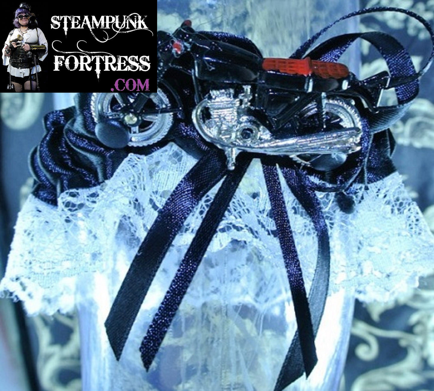 BLACK WHITE LACE MOTORCYCLE BLACK RED GARTER STARR WILDE STEAMPUNK FORTRESS