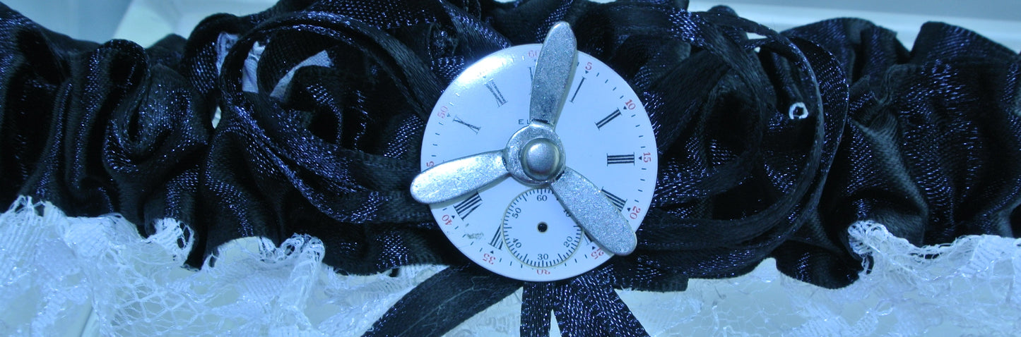 BLACK WHITE LACE ELGIN WATCH CLOCK PORCELAIN DIAL FACE SILVER 3 ARM KINETIC SPINS SPINNING PROPELLER GARTER STARR WILDE STEAMPUNK FORTRESS