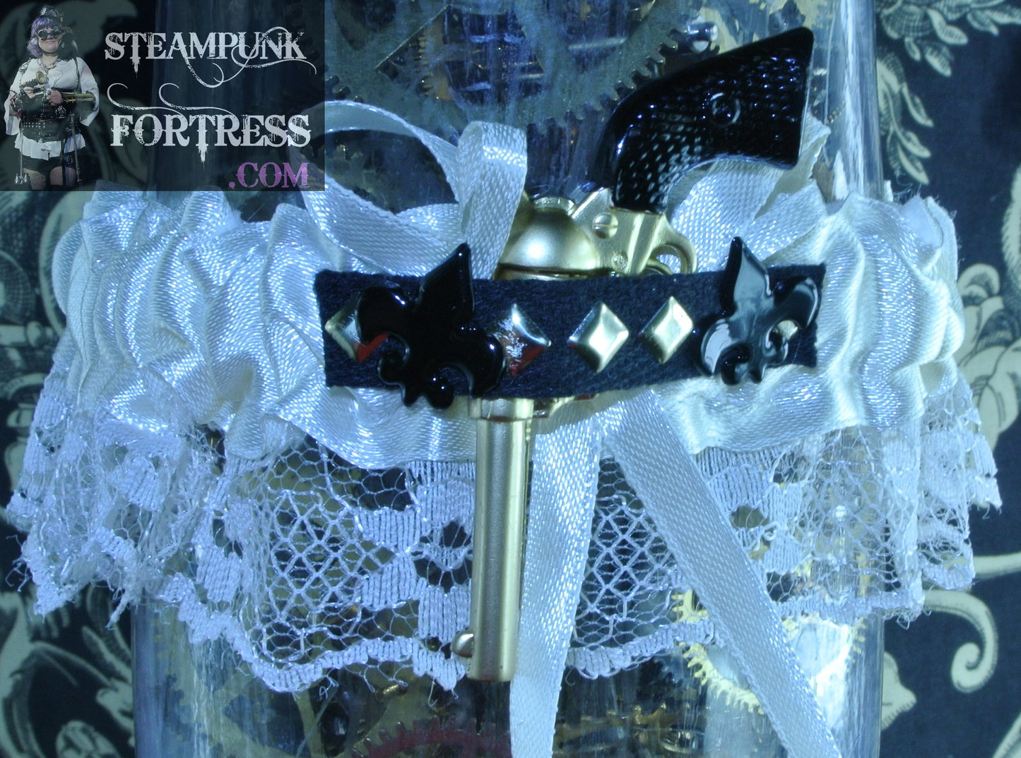 CREAM GUN GOLD BLACK CAP GUN BLACK STUD RIBBON FLEUR DE LIS WHITE LACE GARTER WESTERN WEDDING STARR WILDE STEAMPUNK FORTRESS