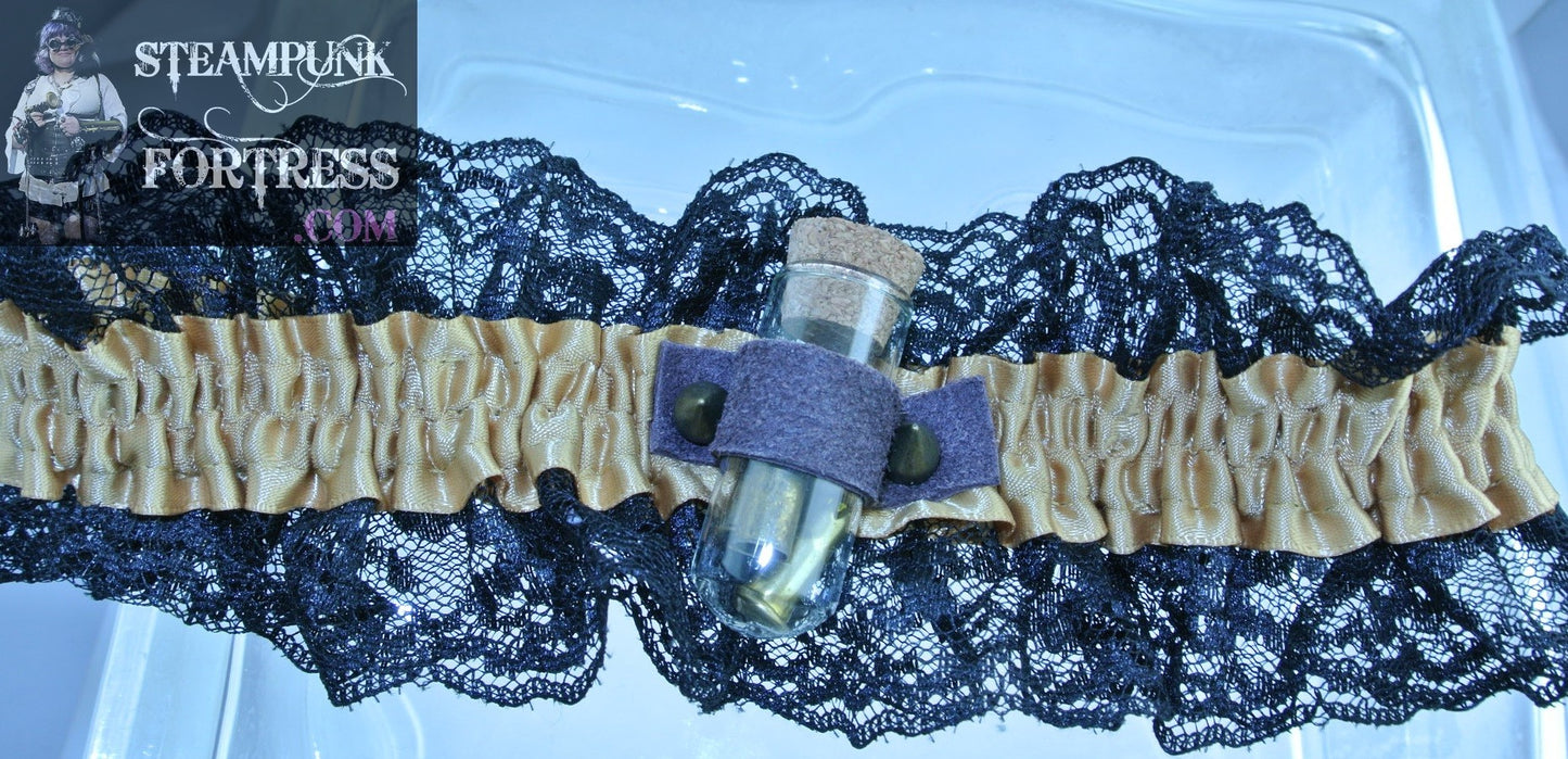 GOLD DARK XL PLUS VIAL GLASS BULLET 4 BULLETS CASINGS BRASS SPIKES BLACK LACE GARTER WEDDING STARR WILDE STEAMPUNK FORTRESS