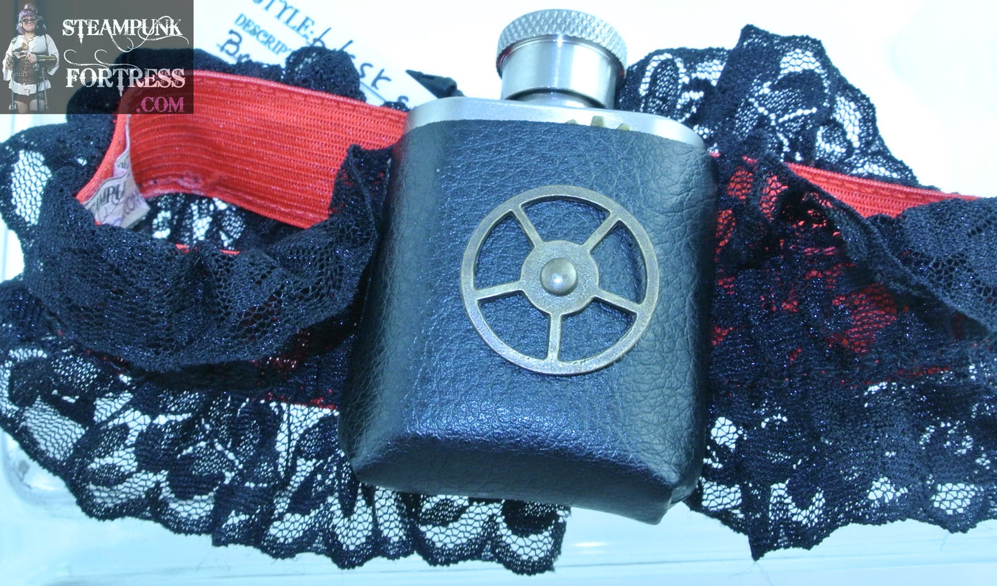 FLASK REAL 1 OZ SHOT WORKING BRASS TH WATCH CLOCK GEAR 3 BRASS GEARS BLACK RED GARTER WEDDING STARR WILDE STEAMPUNK FORTRESS