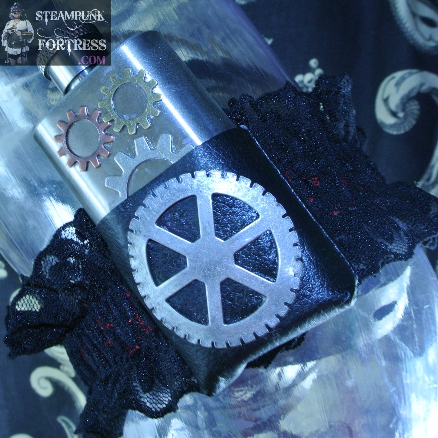 FLASK REAL 1 OZ SHOT WORKING SILVER XL ROUND WATCH CLOCK GEAR COPPER BRASS SILVER OPEN GEARS BLACK RED GARTER WEDDING STARR WILDE STEAMPUNK FORTRESS