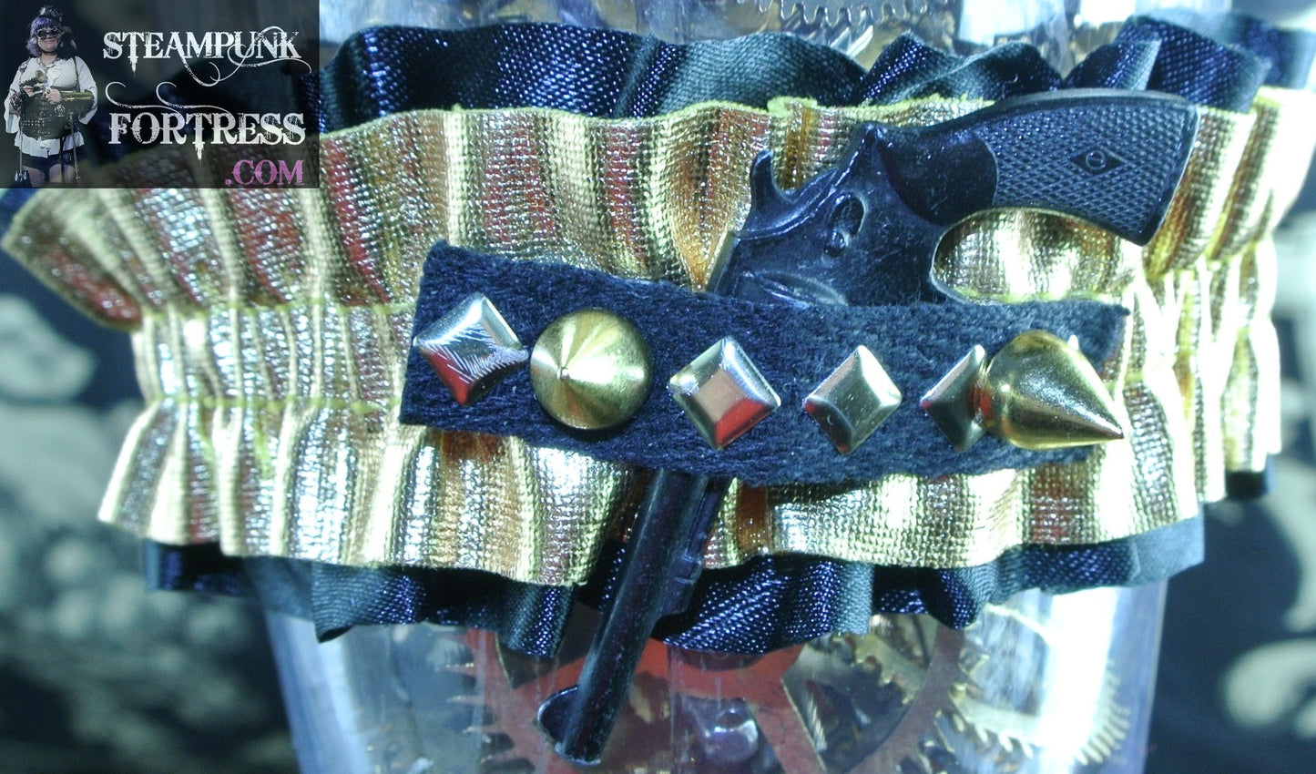 GOLD BLACK GUN SMALL BLACK GUN BLACK STUD RIBBON 2 GOLD STUDS ARM LEG GARTER WESTERN WEDDING HALLOWEEN STARR WILDE STEAMPUNK FORTRESS