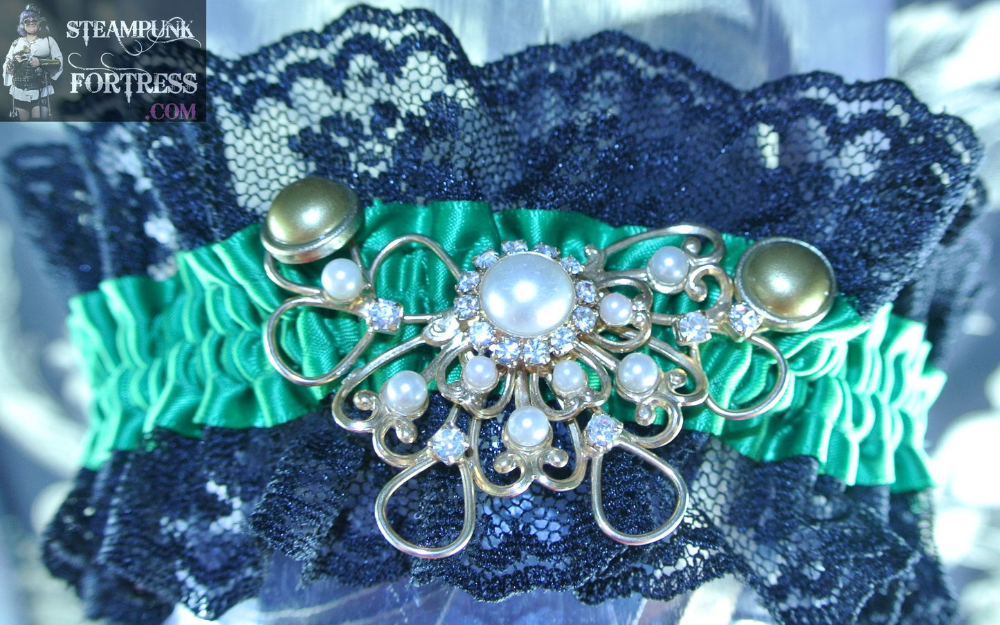 GREEN XL PLUS GOLD BUTTERFLY WIRE PEARLS RHINESTONES GOLD PEARL STUDS BLACK LACE GARTER WEDDING STARR WILDE STEAMPUNK FORTRESS