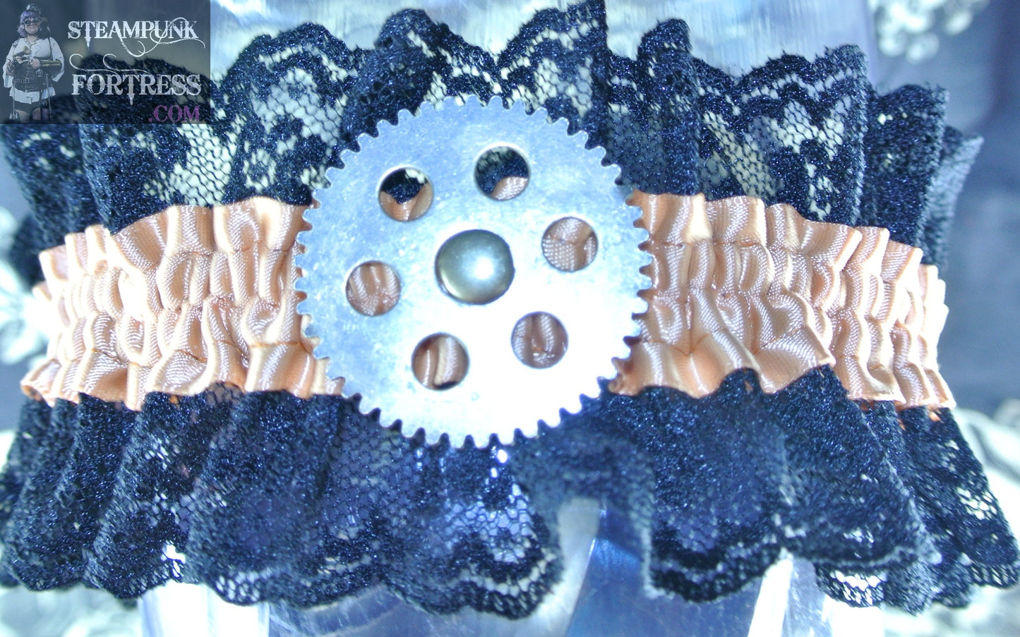 PEACH XL PLUS SIZE GARTER BRASS LARGE ROUND WATCH CLOCK GEAR BLACK LACE GARTER WEDDING STARR WILDE STEAMPUNK FORTRESS