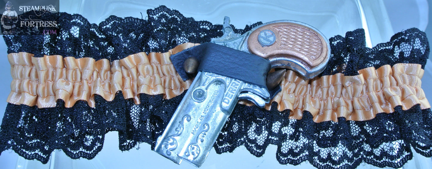 PEACH XL PLUS SILVER GUN COPPER HANDLE DERRINGER COPPER STUDS GUN BLACK LACE GARTER WEDDING STARR WILDE STEAMPUNK FORTRESS