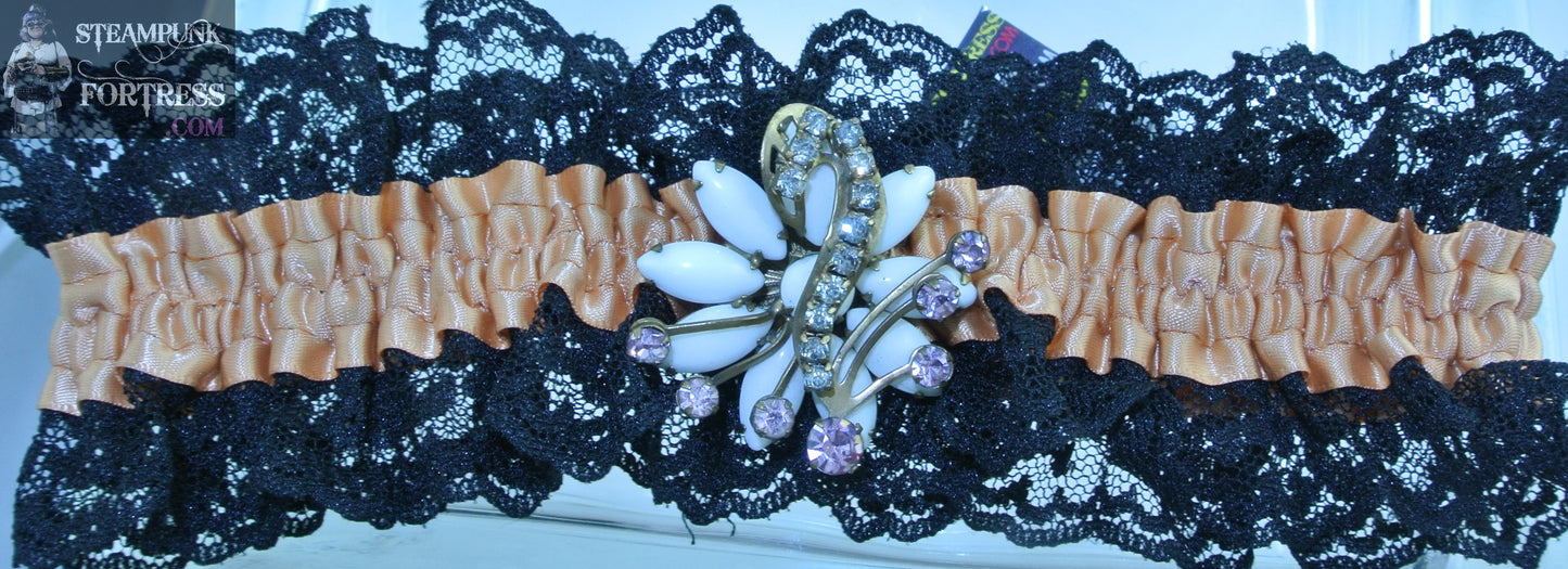 PEACH XL PLUS PIN / BROOCH REMOVABLE WHITE VINTAGE STONES PURPLE RHINESTONES BLACK LACE GARTER WEDDING NECKLACE STARR WILDE STEAMPUNK FORTRESS