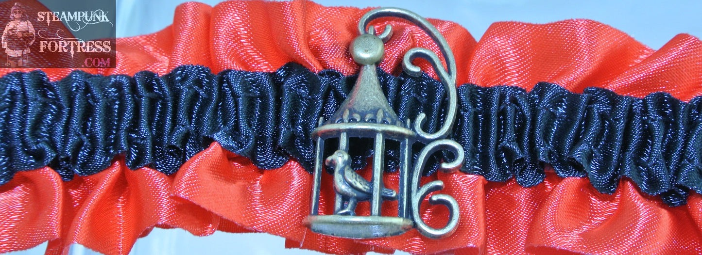RED BLACK BRASS BIRD IN BIRDCAGE ARM GARTER WEDDING SET AVAILABLE STARR WILDE STEAMPUNK FORTRESS