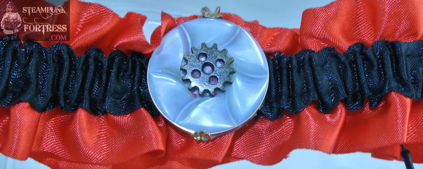 RED BLACK IRIDESCENT WHITE BRASS WATCH CLOCK GEAR CENTER ARM LEG GARTER WEDDING STARR WILDE STEAMPUNK FORTRESS