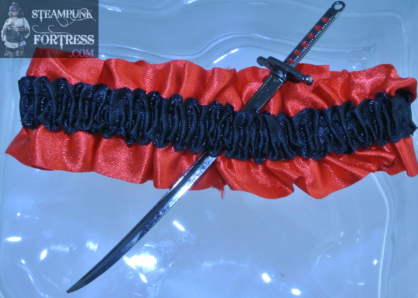 RED BLACK SWORD GUNMETAL RED CURLY HILT ARM LEG GARTER WEDDING STARR WILDE STEAMPUNK FORTRESS