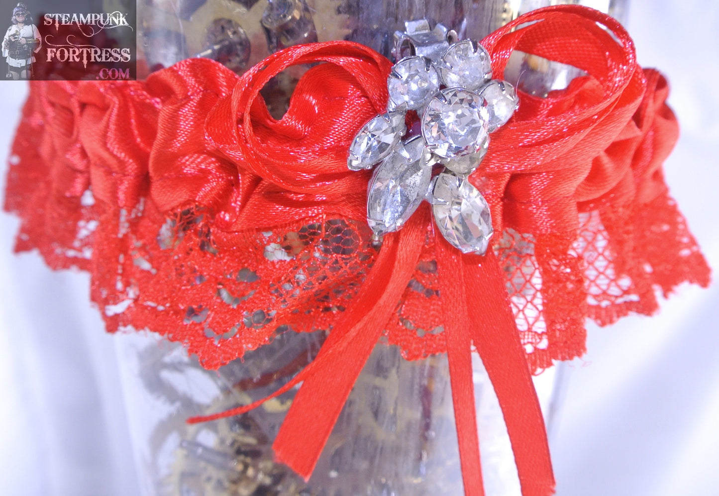 RED SILVER RHINESTONE CLUSTER LACE GARTER WEDDING STARR WILDE STEAMPUNK FORTRESS