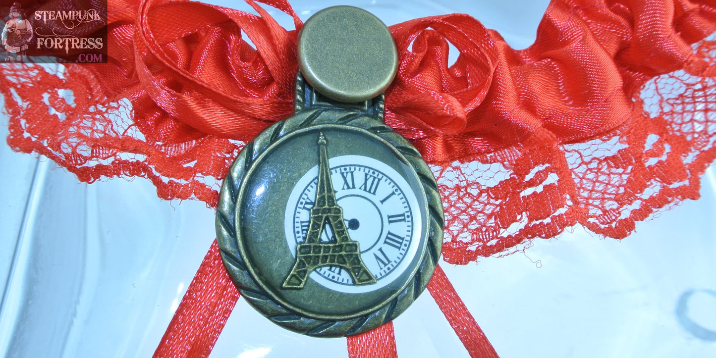 RED BRASS EIFFEL TOWER CLOCK FACE ROUND FOCAL BRASS LACE GARTER WEDDING PARIS STARR WILDE STEAMPUNK FORTRESS