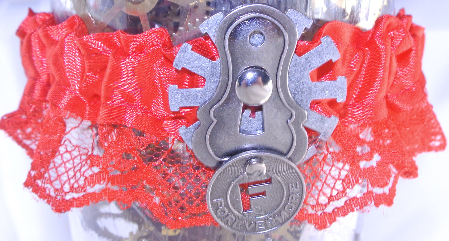RED SILVER KEYHOLE LOCK LATCH CLOCK WATCH GEAR FORVERMORE TOKEN RED LACE GARTER WEDDING STARR WILDE STEAMPUNK FORTRESS