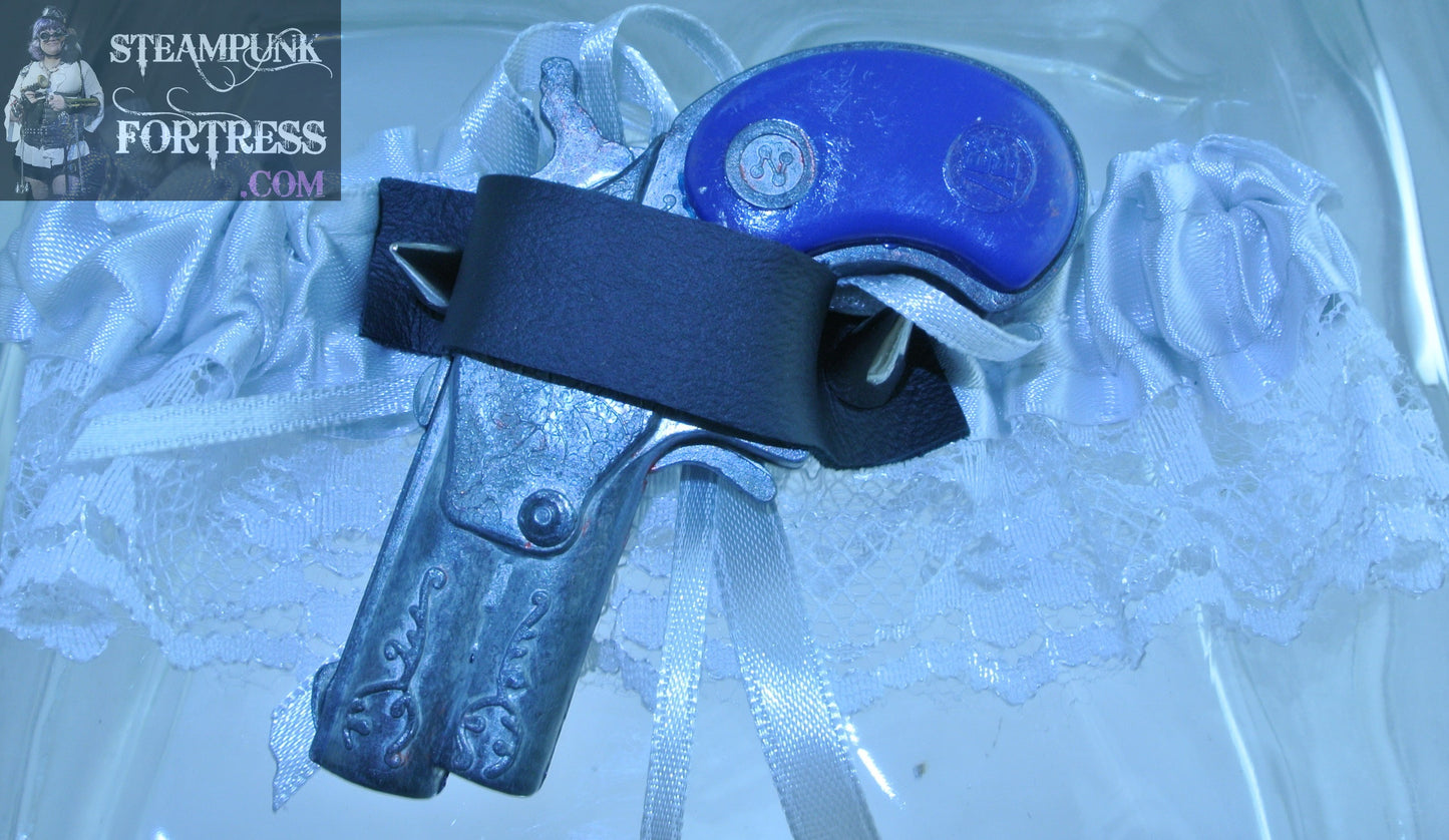 SILVER BLUE WORKING CAP GUN STUD WHITE LACE GARTER COSPLAY COSTUME HALLOWEEN STARR WILDE STEAMPUNK FORTRESS