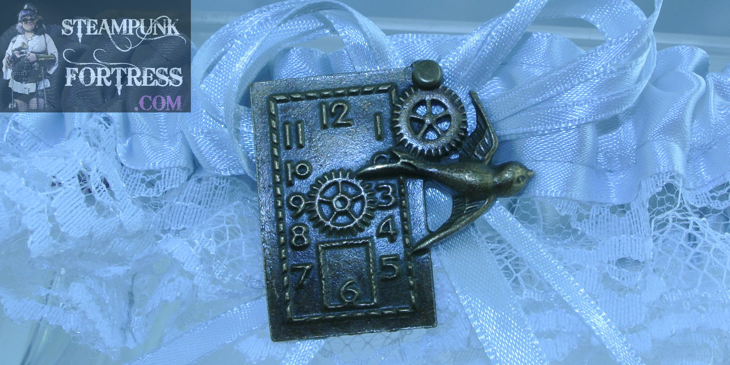 SILVER WHITE BRASS RECTANGLE CLOCK WATCH DIAL FACE GEAR BIRD GARTER WHITE LACE STARR WILDE STEAMPUNK FORTRESS