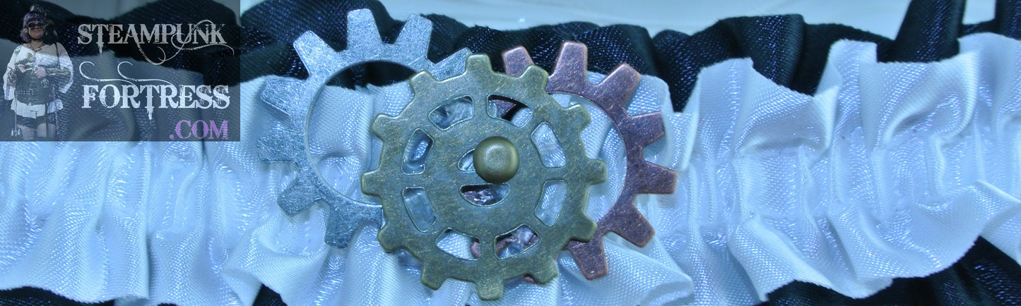 WHITE BLACK 3 WATCH CLOCK GEARS BRASS SPOKE IN FRONT ARM LEG GARTER STARR WILDE STEAMPUNK FORTRESS