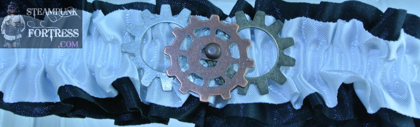 WHITE BLACK 3 GEARS COPPER SPOKE WATCH CLOCK GEAR IN FRONT ARM LEG GARTER STARR WILDE STEAMPUNK FORTRESS