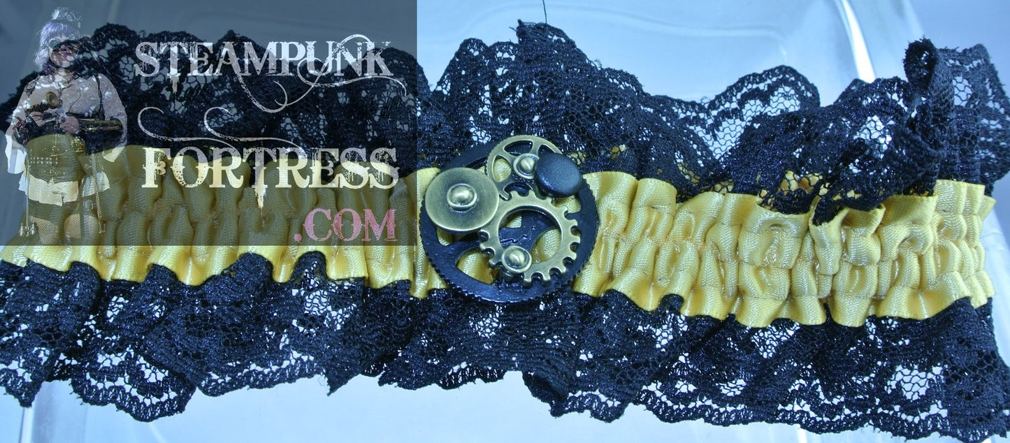 YELLOW XL PLUS GOLD GEARS BLACK FOCAL BLACK STUDS BLACK LACE GARTER STARR WILDE STEAMPUNK FORTRESS