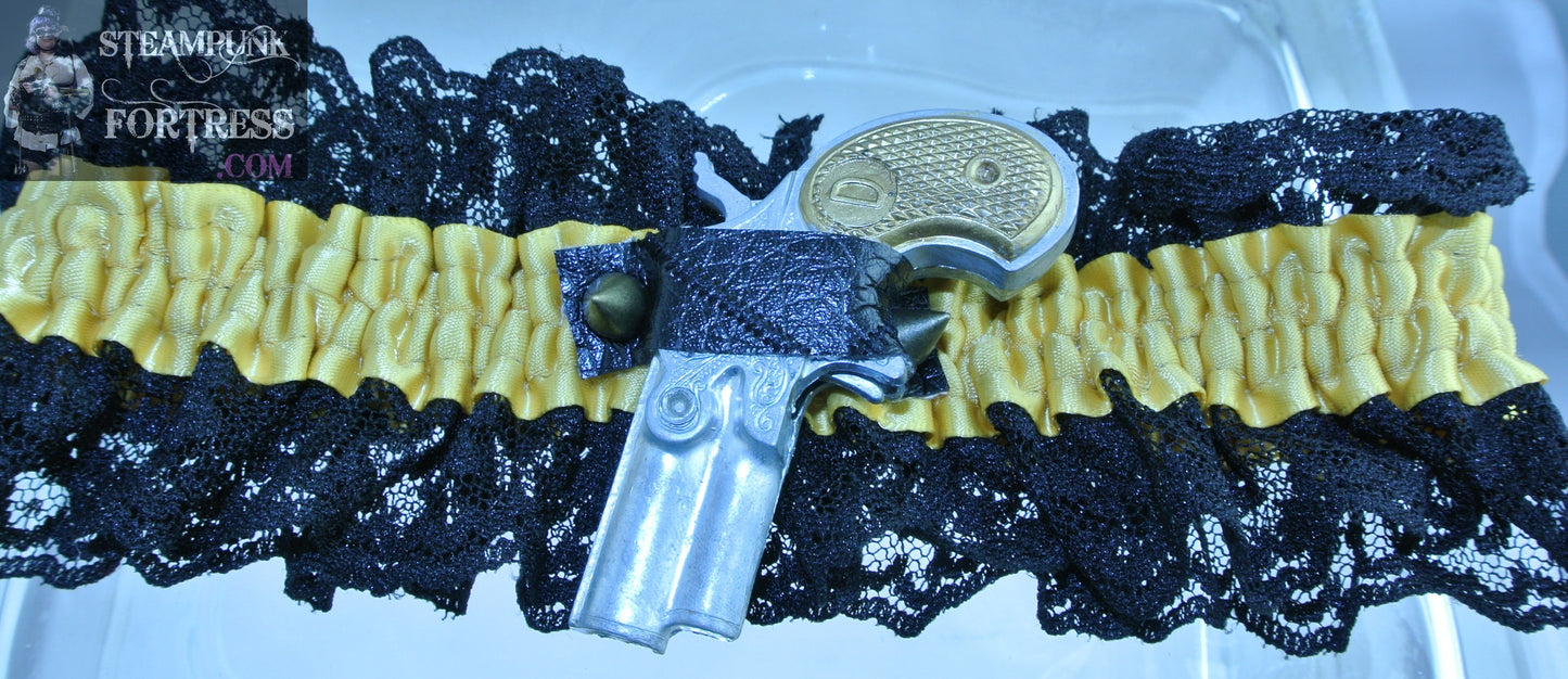 YELLOW XL PLUS GUN SILVER NICHOLS CAP GUN BRASS GOLD HANDLE BRASS STUDS SPIKES BLACK LACE GARTER WEDDING PIRATE HALLOWEEN COSPLAY COSTUME STARR WILDE STEAMPUNK FORTRESS