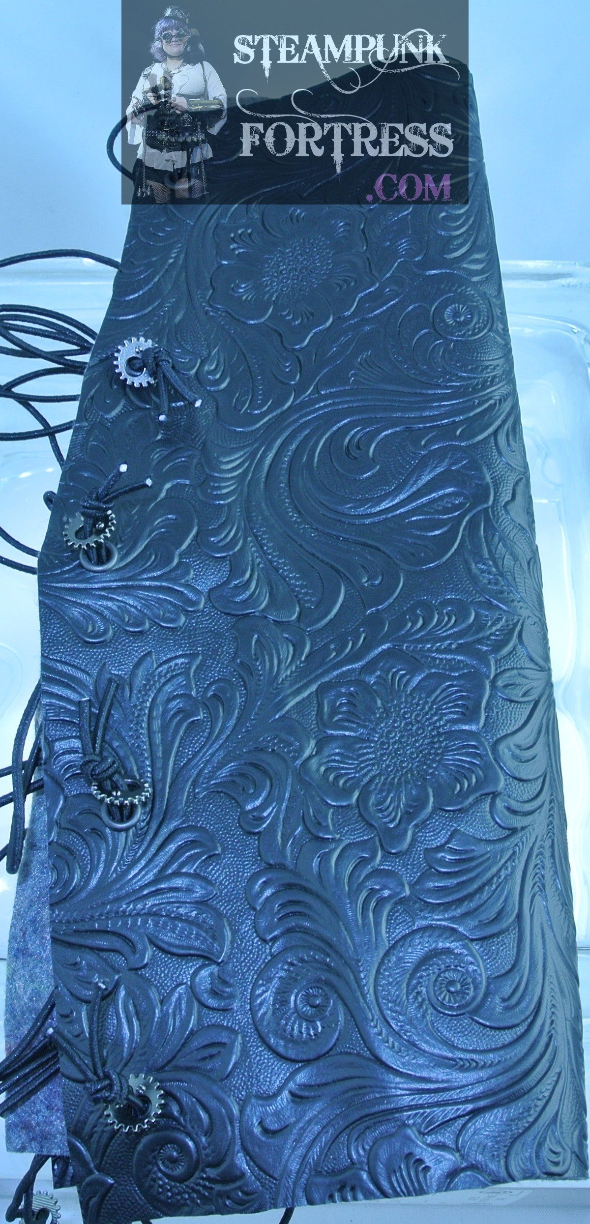 BLACK EMBOSSED VEGAN FAUX LEATHER GUNMETAL 2 HOLE WATCH CLOCK GEARS BRACER GAUNTLET STARR WILDE STEAMPUNK FORTRESS SET AVAILABLE BESPOKE CUSTOM SIZING AVAILABLE