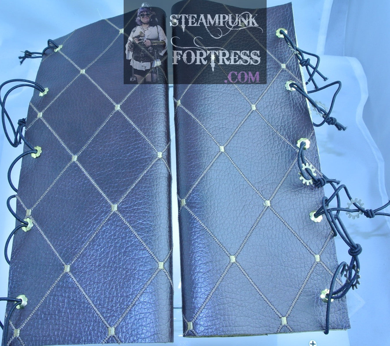 BROWN DIAMOND PATTERN VEGAN FAUX LEATHER BRASS FLOWER EYELETS BRASS OPEN WATCH CLOCK GEARS BRACER GAUNTLET STARR WILDE STEAMPUNK FORTRESS BESPOKE CUSTOM SIZING AVAILABLE