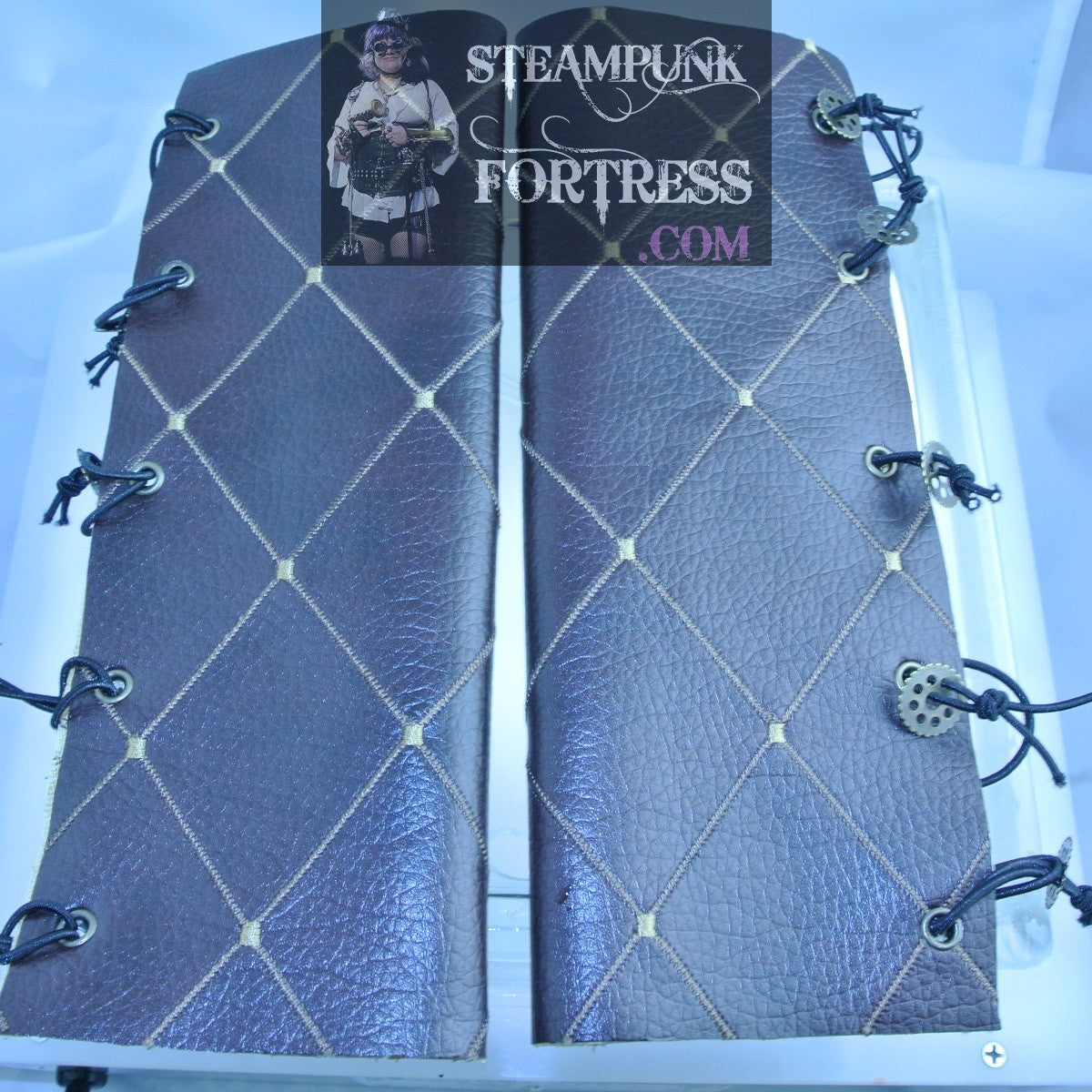 BROWN DIAMOND VEGAN FAUX LEATHER BRASS EYELETS BRASS ROUND WATCH CLOCK GEAR S BRACER GAUNTLET STARR WILDE STEAMPUNK FORTRESS SET AVAILABLE BESPOKE CUSTOM SIZING AVAILABLE