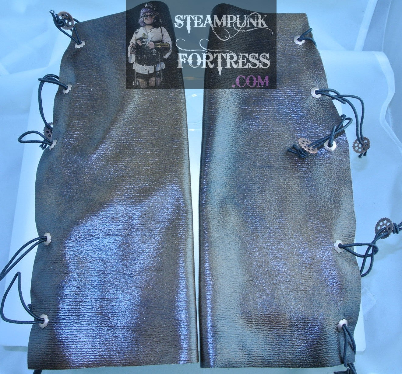 BROWN PLAIN VEGAN FAUX LEATHER COPPER FLOWER EYELETS COPPER ROUND WATCH CLOCK GEARS BRACER GAUNTLET STARR WILDE STEAMPUNK FORTRESS BESPOKE CUSTOM SIZING AVAILABLE