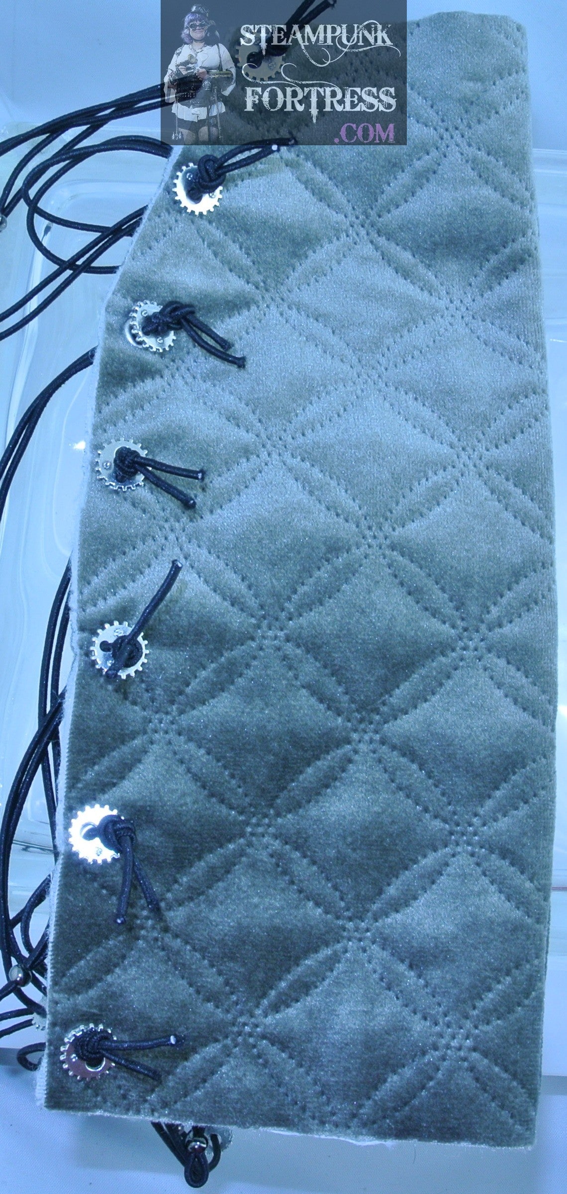 SILVER GREY GRAY QUILTED SILVER EYELETS SILVER 2 HOLE WATCH CLOCK GEARS BRACER GAUNTLET STARR WILDE STEAMPUNK FORTRESS SET AVAILABLE BESPOKE CUSTOM SIZING AVAILABLE