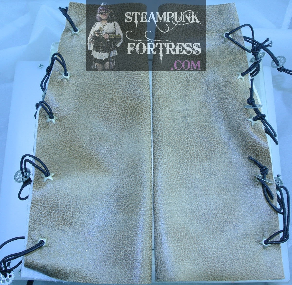 TAN MOLESKIN SILVER STAR EYELETS SILVER ROUND WATCH CLOCK GEARS ARM GUARD BRACER GAUNTLET STARR WILDE STEAMPUNK FORTRESS SET AVAILABLE BESPOKE CUSTOM SIZING AVAILABLE