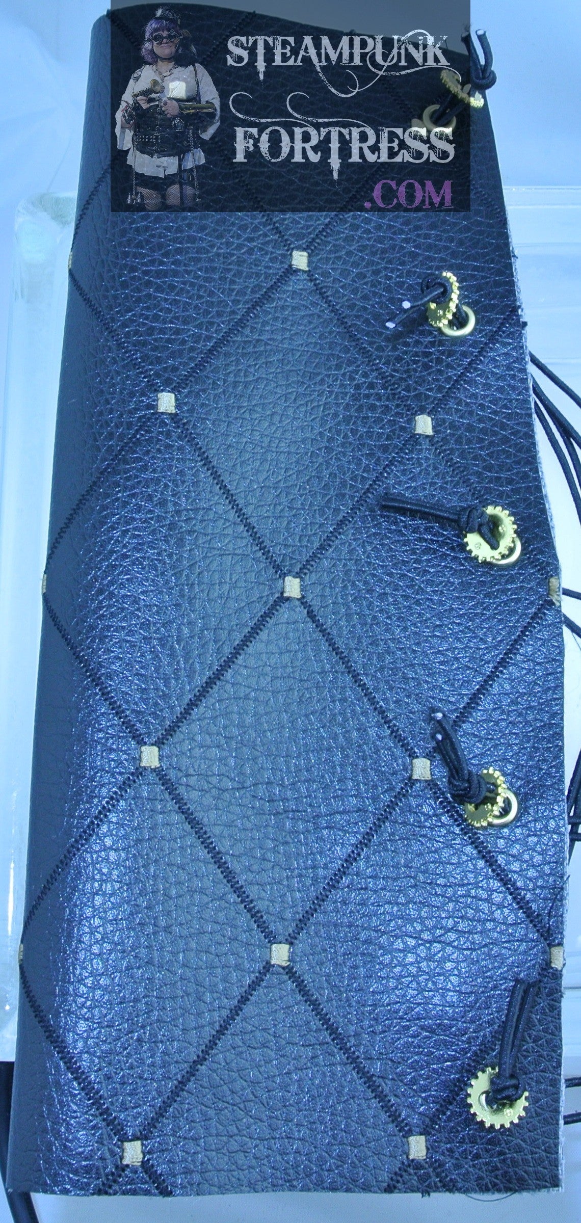 BLACK XL DIAMOND VEGAN FAUX LEATHER GOLD 2 HOLE WATCH CLOCK GEARS XL BRACER GAUNTLET STARR WILDE STEAMPUNK FORTRESS BESPOKE CUSTOM SIZING AVAILABLE