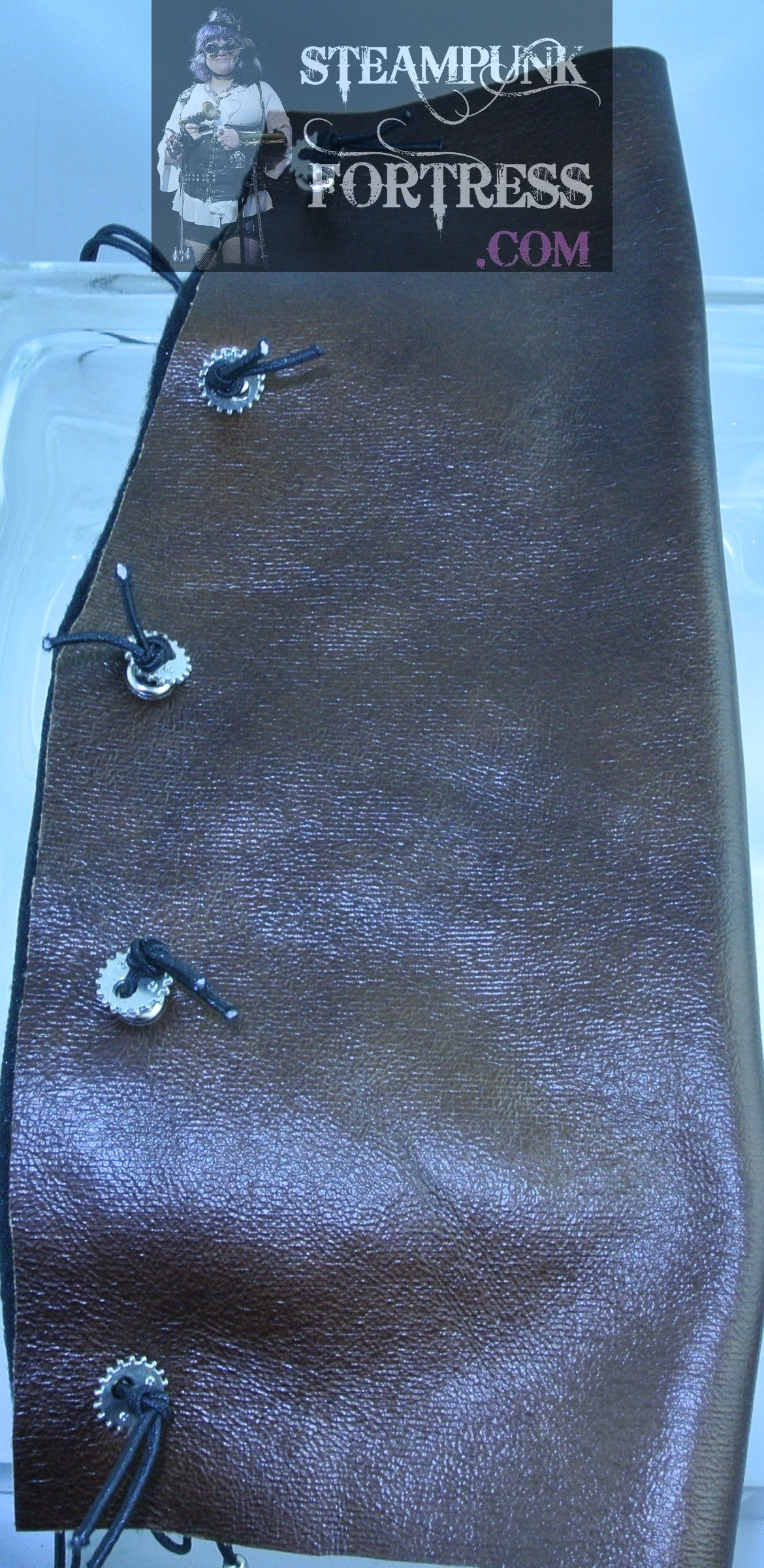 BROWN XL PLAIN VEGAN FAUX LEATHER SILVER 2 HOLE WATCH CLOCK GEARS XL BRACER GAUNTLET STARR WILDE STEAMPUNK FORTRESS BESPOKE CUSTOM SIZING AVAILABLE