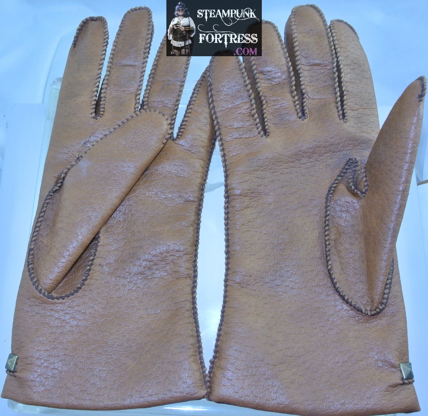 VINTAGE TAN BROWN FAUX LEATHER BRASS PYRAMID STUDS MEDIUM LARGE GLOVES STARR WILDE STEAMPUNK FORTRESS