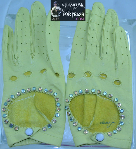 VINTAGE LEMON YELLOW LEATHER SILVER PEACH GREEN CRYSTAL STUDS DRIVING GLOVES LARGE COSPLAY COSTUME STARR WILDE STEAMPUNK FORTRESS
