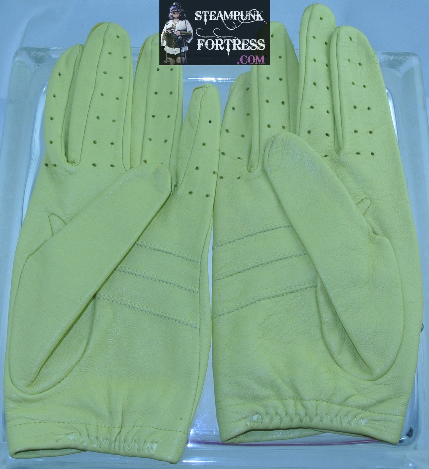 VINTAGE LEMON YELLOW LEATHER SILVER PEACH GREEN CRYSTAL STUDS DRIVING GLOVES LARGE COSPLAY COSTUME STARR WILDE STEAMPUNK FORTRESS