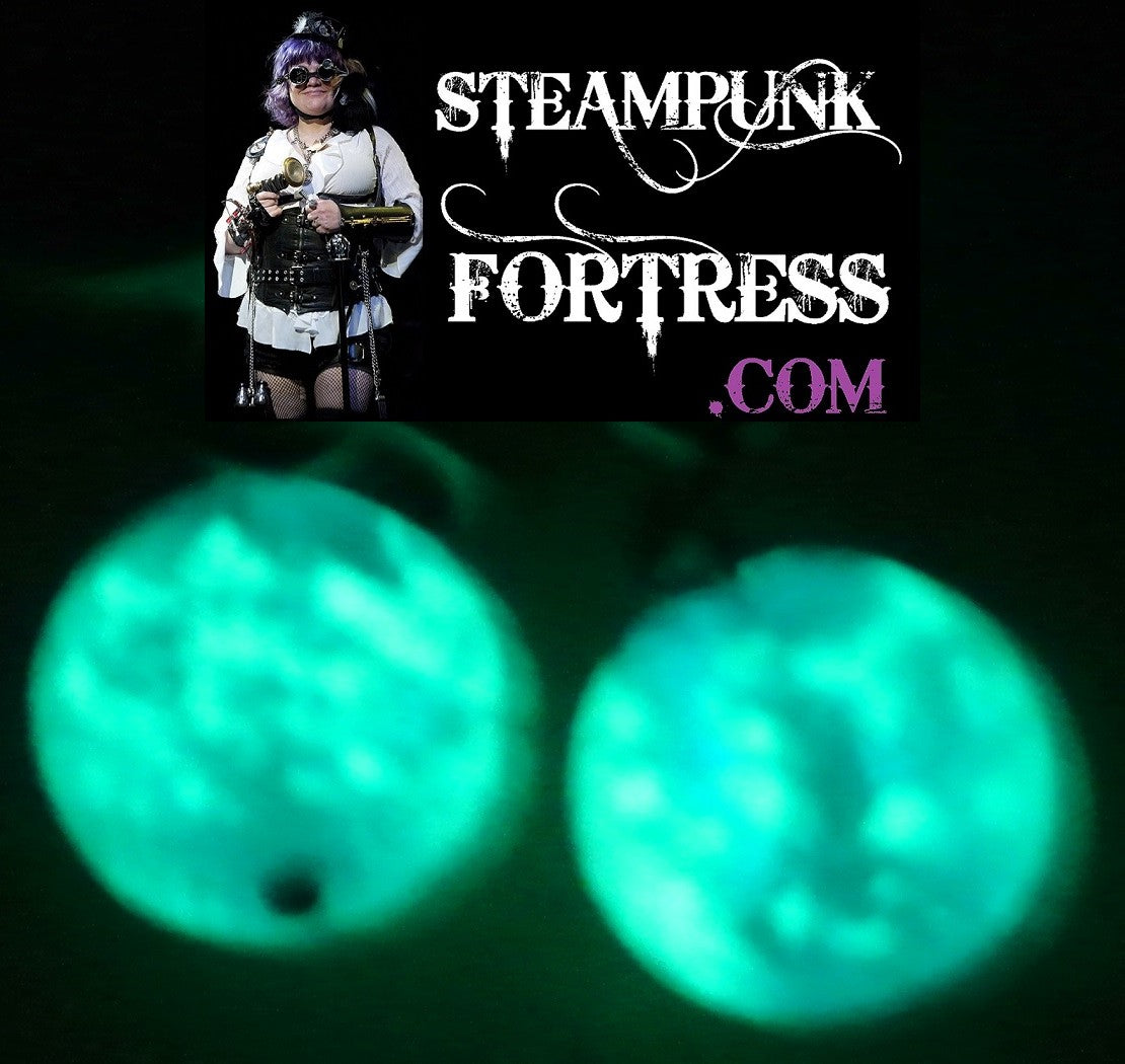 GLOW IN THE DARK GUNMETAL ELUSIVE CHARM BLUE BEADS SILVER PIERCED EARRINGS STARR WILDE STEAMPUNK FORTRESS