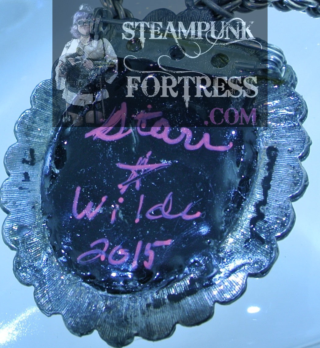 GLOW IN THE DARK PIN BROOCH SILVER CAMEO LADY SKELETON BLACK BACKGROUND NECKLACE HALLOWEEN STARR WILDE STEAMPUNK FORTRESS