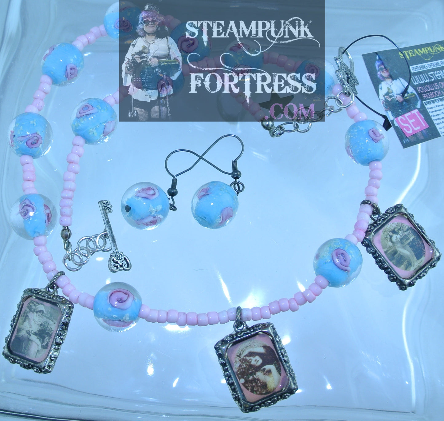 VINTAGE LADIES 3 PINK FRAMES GLOW IN THE DARK BLUE PINK BEADS NECKLACE SET AVAILABLE STARR WILDE STEAMPUNK FORTRESS