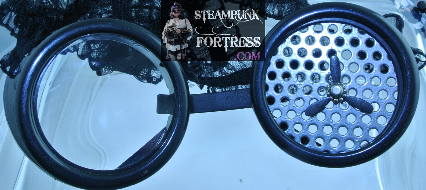 BLACK GOGGLES LEFT EYE MESH BLACK KINETIC SPINS SPINNING PROPELLER BLACK STRETCH RIBBONS STARR WILDE STEAMPUNK FORTRESS
