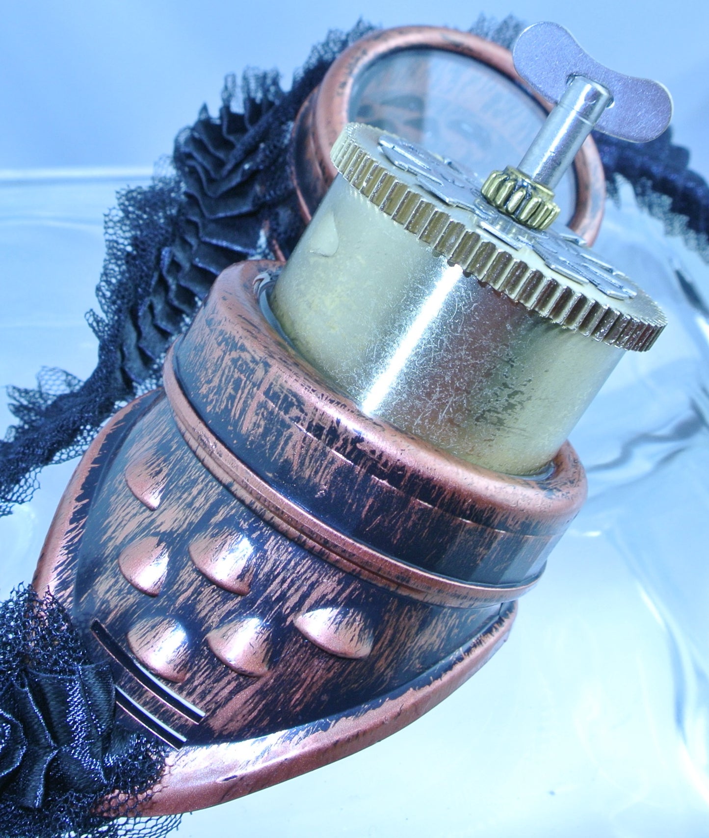 COPPER RIGHT EYE BRASS BARREL SILVER WATCH CLOCK GEAR KINETIC TURN KEY BLACK PLEATED RIBBON GOGGLES STARR WILDE STEAMPUNK FORTRESS