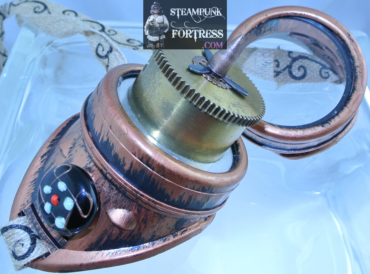 COPPER GOGGLES RIGHT EYE BRASS BARREL BLACK KINETIC SPINS SPINNING PROPELLER COPPER STUD AUTHENTIC GENUINE WATCH CLOCK GEAR BLACK LAMPWORK SIDES JUTE SWIRL RIBBON STARR WILDE STEAMPUNK FORTRESS